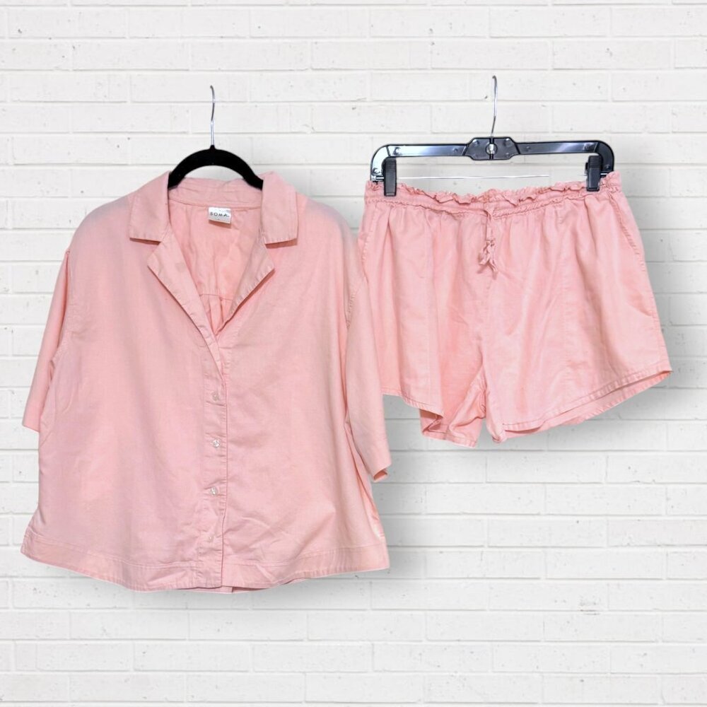 SOMA Pink 2-PC Cotton Short Sleeve Button Front Top & Shorts Pajama Set Size L